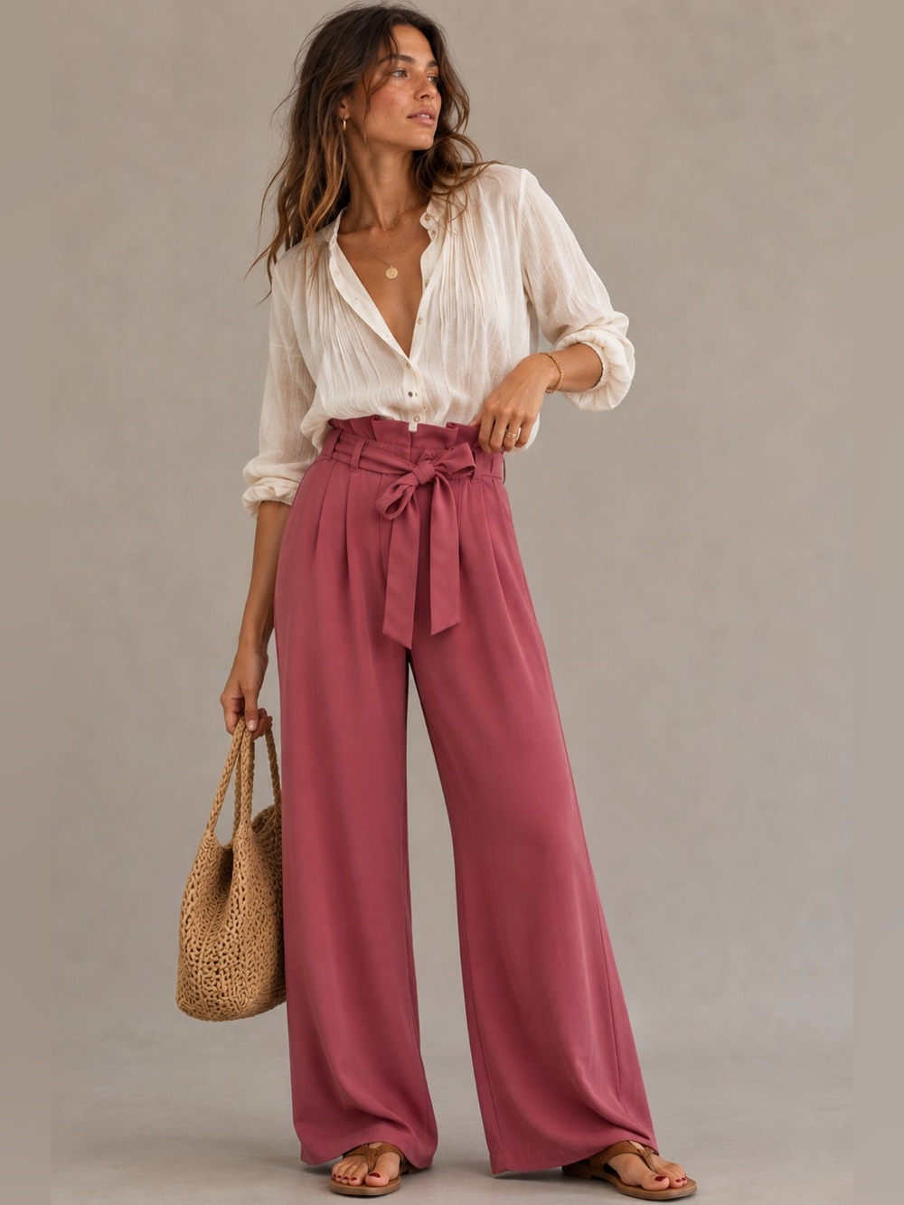 JustFab Women’s M Mauve Paperbag Waist Wide Leg Pants Belted Trousers